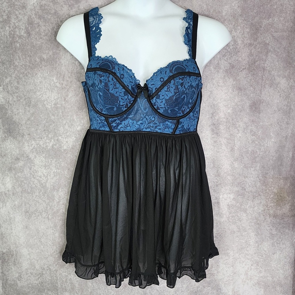 Torrid Babydoll Lingerie Womens 1 Blue Black Lace Mesh Ruffle Underwire Chemise